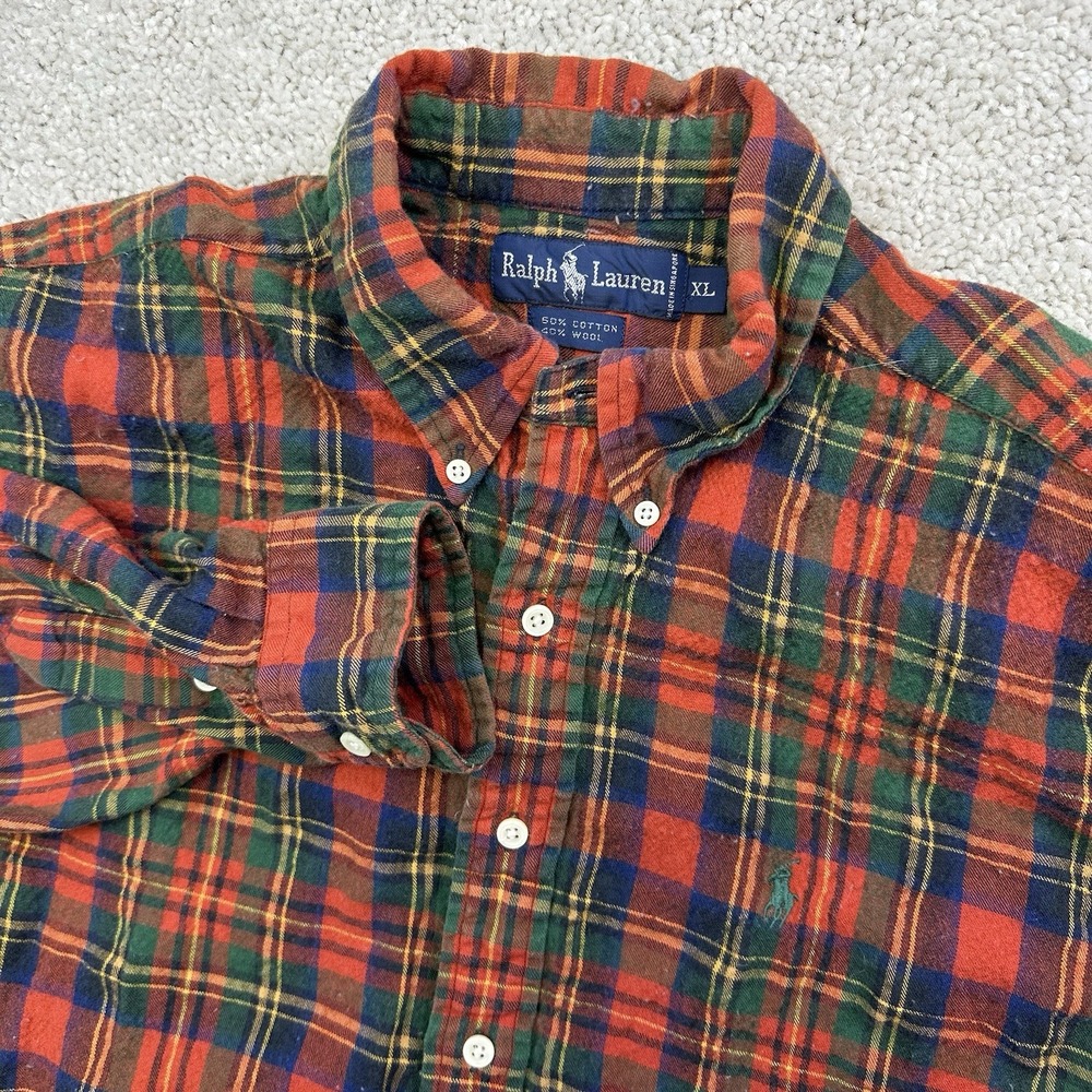 Polo Ralph Lauren Shirt Mens XL Red Plaid Check Casual Button Up Wool Blend